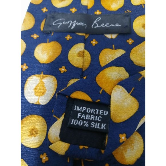 Geoffrey Beene Silk Necktie Dark Blue with Yellow Apples - Picture 3 of 4